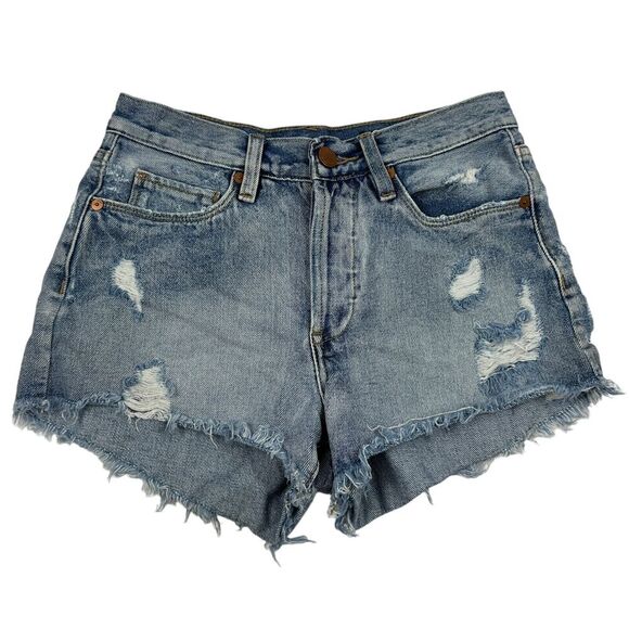 Blank NYC Distressed High Rise Button Fly Light Wash Denim Shorts Sz 24 Cotton - Picture 1 of 8